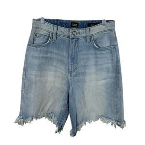 Lee High Rise Dad Shorts 27 Blue Distressed Raw Hem Bohemian Grunge Retro